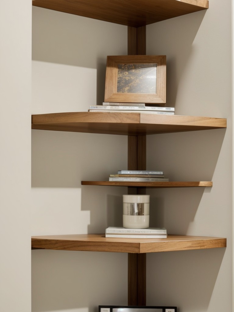 Use a space-saving corner or wall-mounted shelf to store frequently used items or display decorative elements.