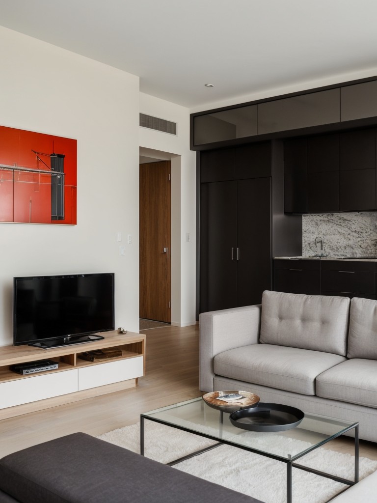 Bachelor pad apartment design featuring a mix of modern furniture, statement artwork, and a sophisticated color scheme to create a stylish and refined space.