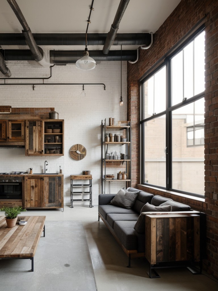 Industrial chic apartment decor incorporating reclaimed wood, exposed pipes, and minimalist furniture for an effortlessly cool and trendy look.