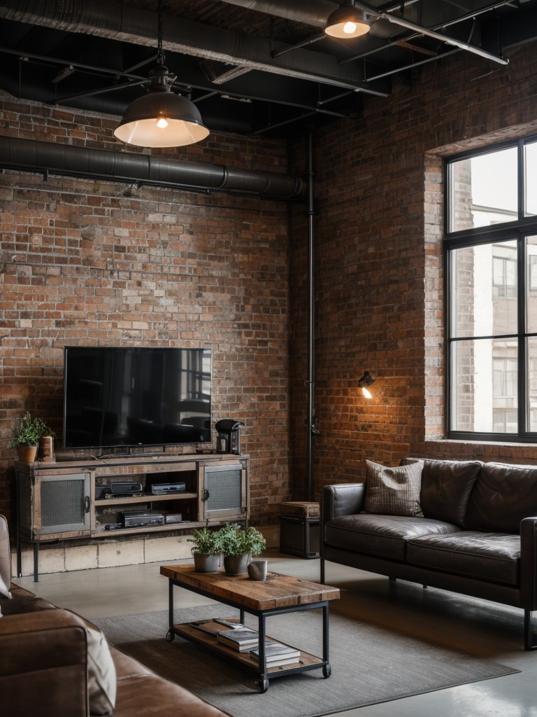 Industrial-inspired apartment design with exposed brick walls, metal accents, and vintage furniture pieces for a rugged and edgy feel.