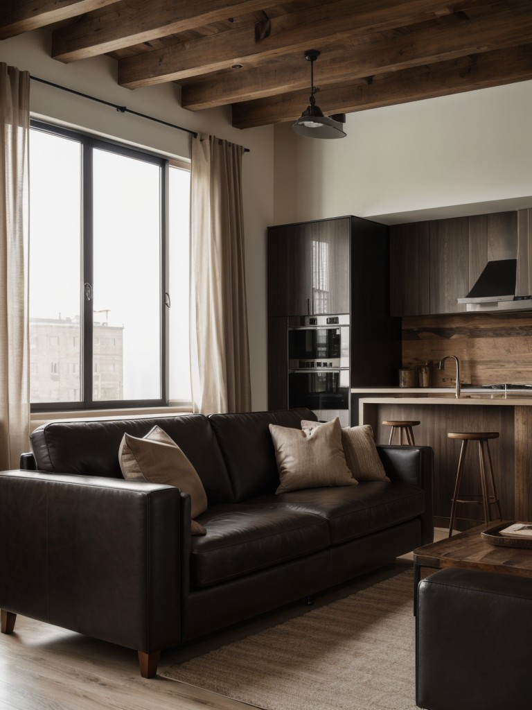 Masculine apartment decor featuring dark and neutral color schemes, using rich textures and materials like leather and wood.