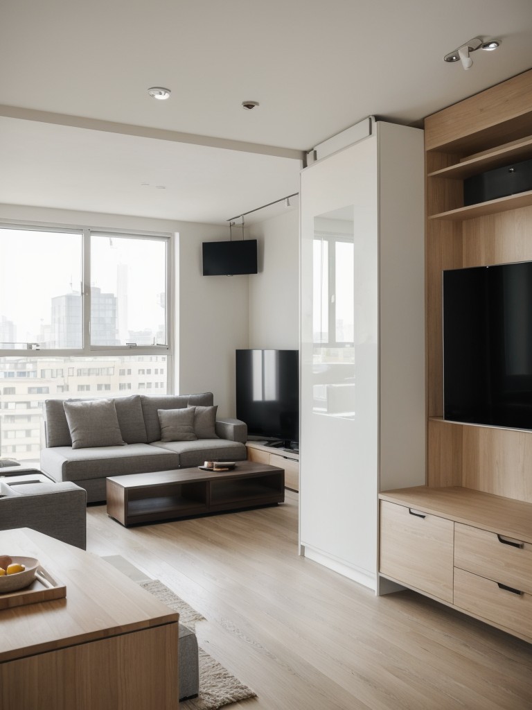 Modern urban apartment design with an emphasis on urban lifestyle and functionality, utilizing space-saving furniture and stylish storage solutions.