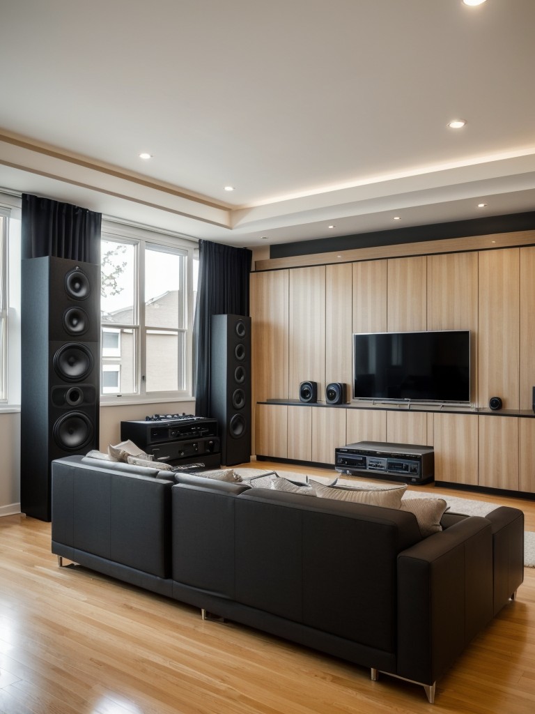 Music lover's apartment design incorporating a designated music area with instruments on display, soundproofing panels, and stylish audio equipment.