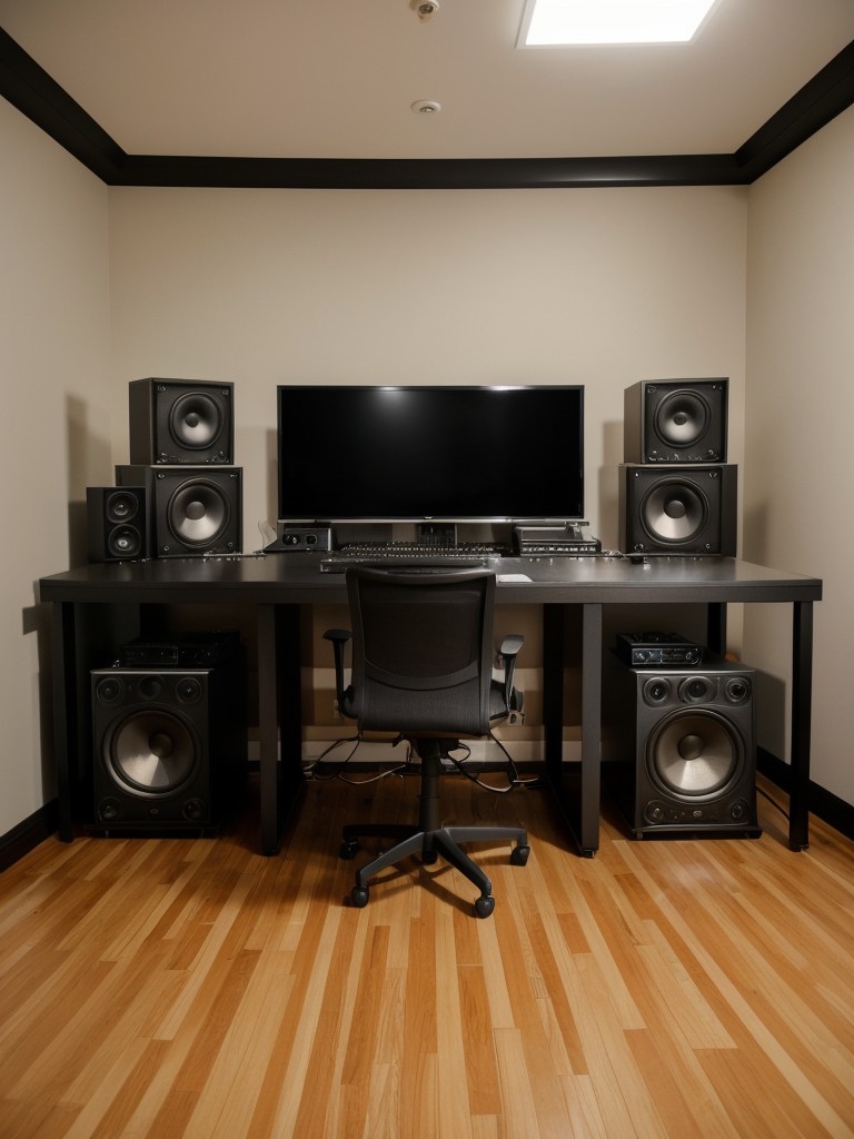 Music producer's apartment decor with a home recording studio, soundproofed walls, and a dedicated space for mixing and mastering equipment.