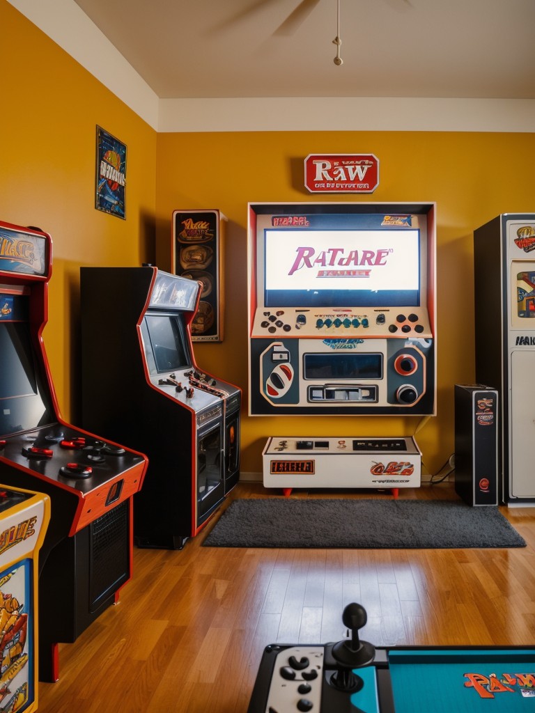 Retro gaming-inspired apartment design with vintage arcade machines, old-school video game consoles, and a fun and playful atmosphere.