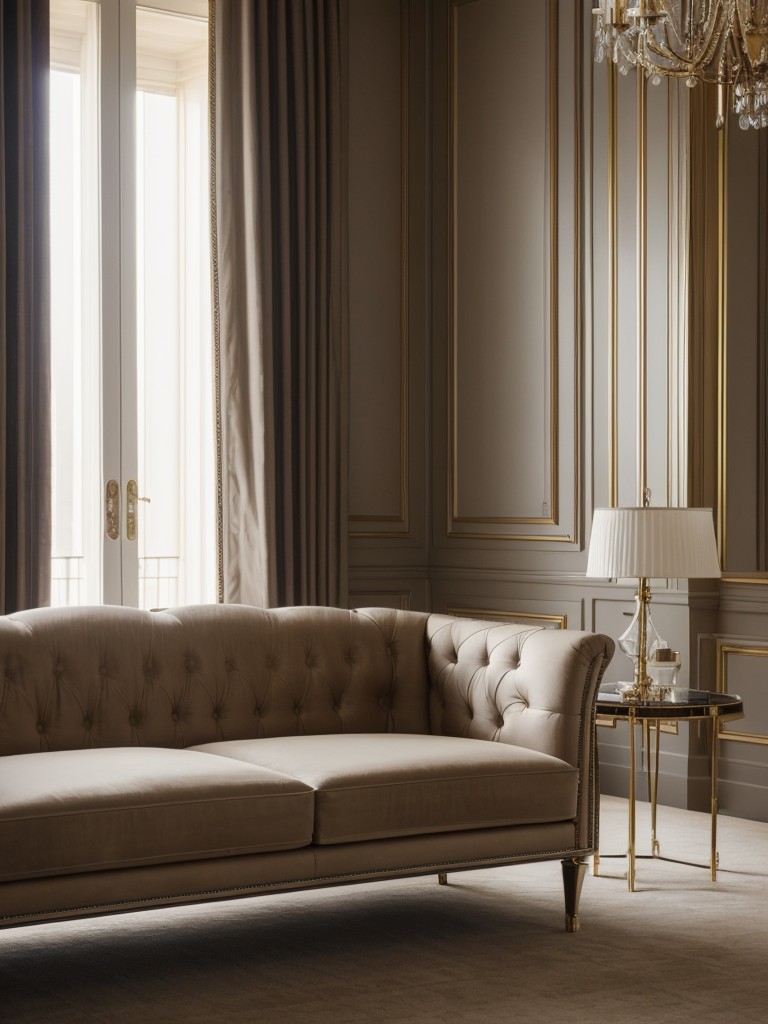 Sophisticated gentleman's apartment design with luxurious materials, elegant furniture, and classic details such as tufted upholstery and shiny finishes.