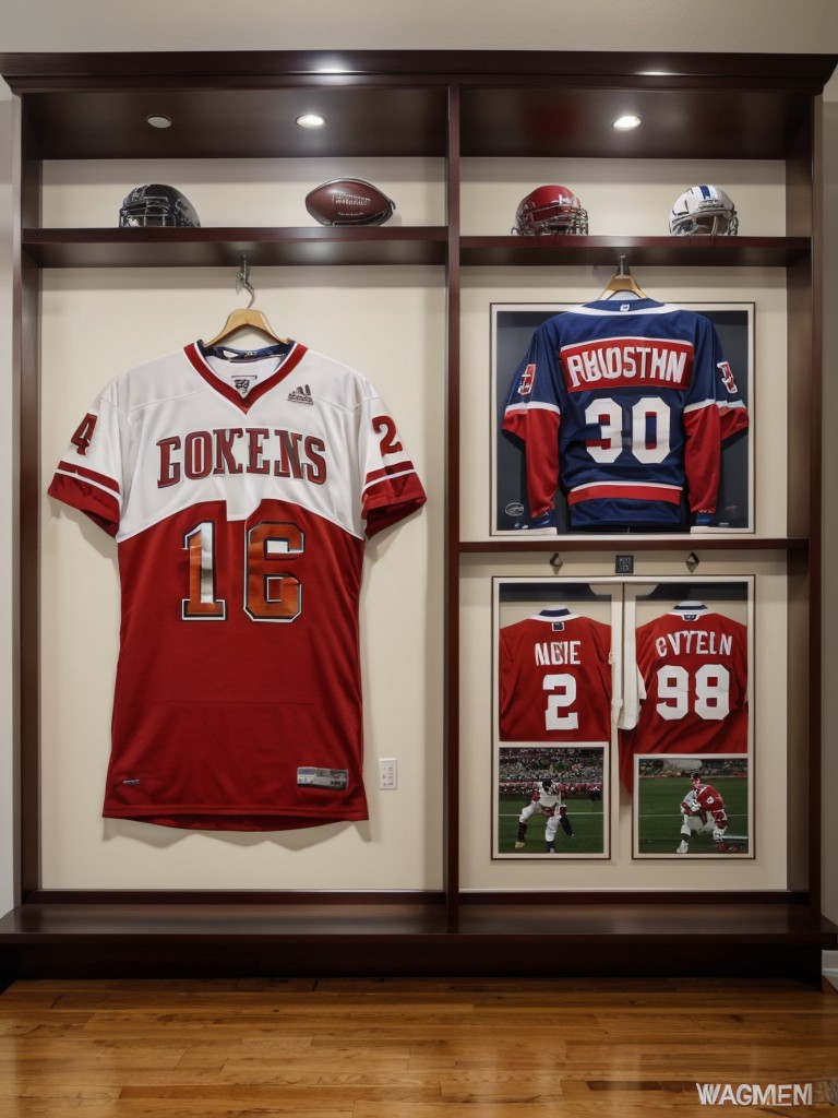 Sports-themed apartment decor incorporating sports memorabilia, framed jerseys, and display shelves for showcasing collectibles.