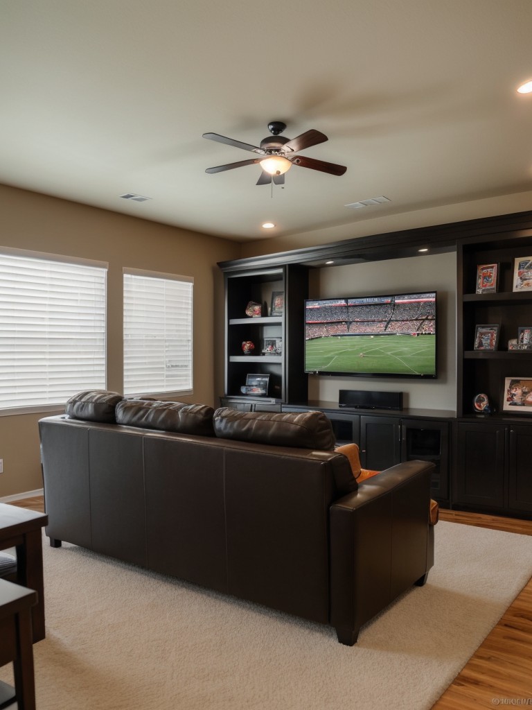 Sports-themed bachelor pad with a designated area for gaming, a big screen TV, and sports memorabilia showcased in display cases or shadow boxes.