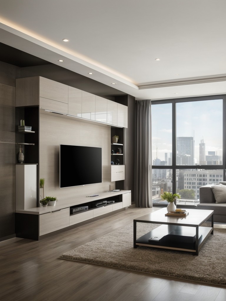 Tech-savvy apartment decorating ideas with smart home features, integrated entertainment systems, and innovative gadget displays.