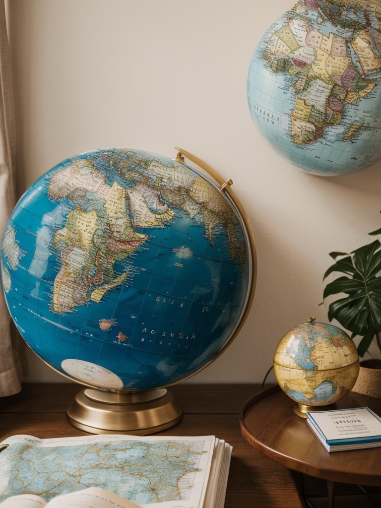 Travel-themed apartment decor featuring maps, globes, and souvenirs from different destinations, creating a sense of adventure and wanderlust.