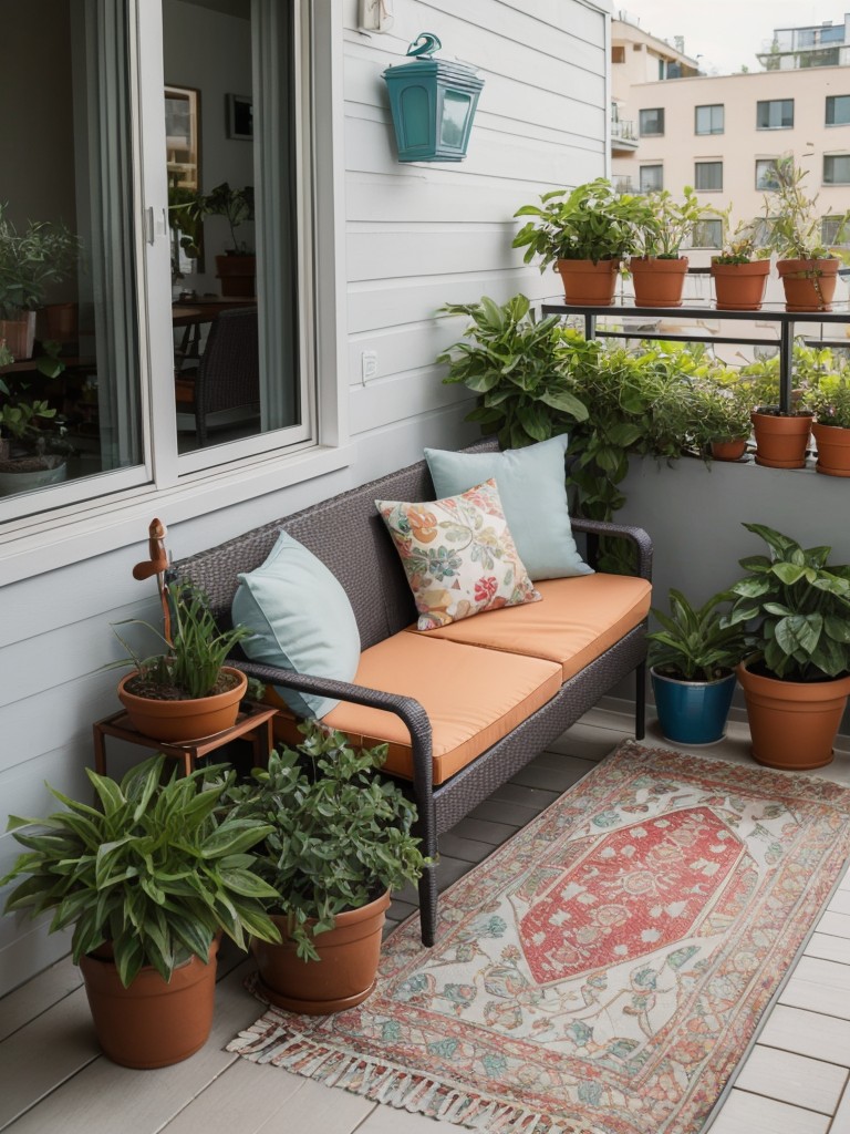 Add pops of color to your small apartment balcony with vibrant cushions, outdoor rugs, and potted plants in eye-catching containers.