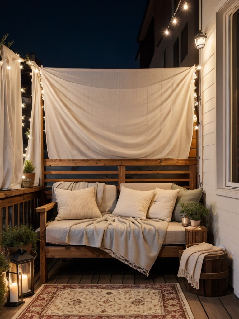 Create an inviting atmosphere on your small apartment balcony with string lights, outdoor rugs, and cozy throw blankets.