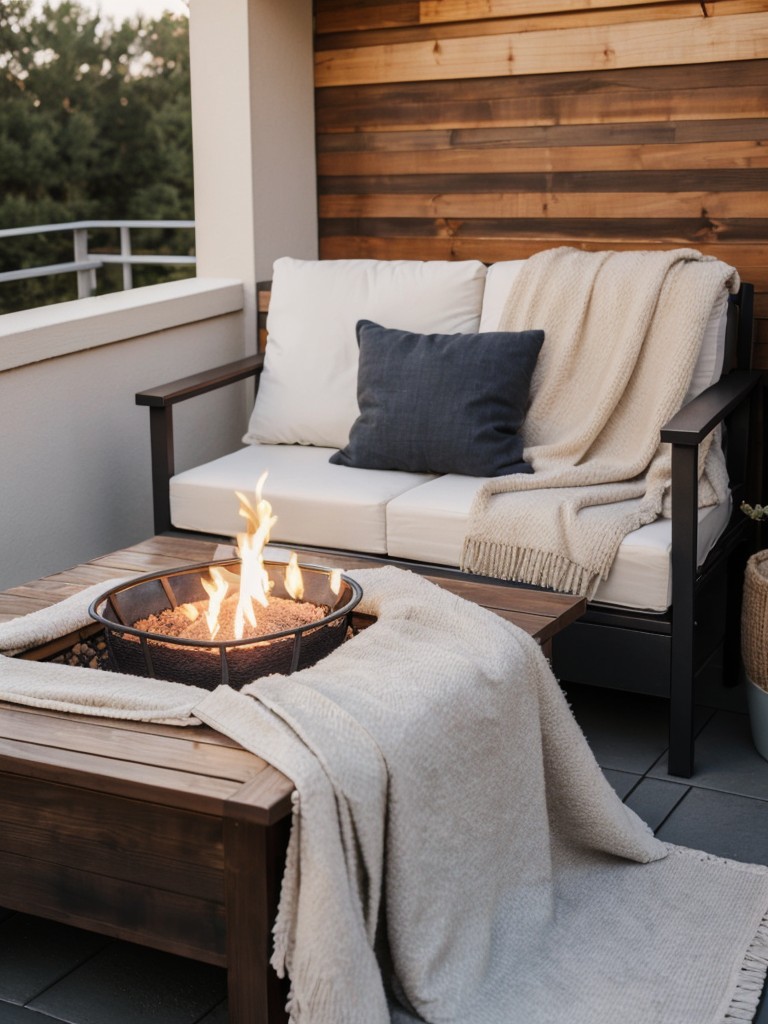 Create an inviting and cozy atmosphere on your apartment balcony with a small fire pit, comfortable seating, and fluffy blankets for cooler evenings.