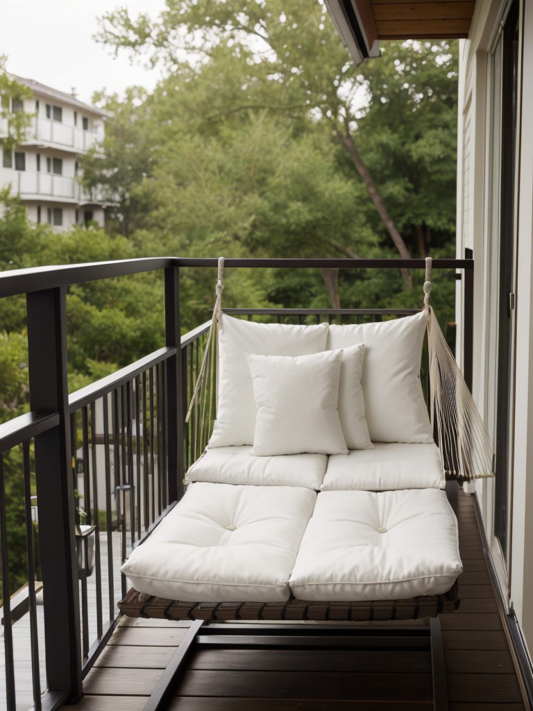Create a serene escape on your small apartment balcony with a mini water feature, a hammock, and plush outdoor cushions.
