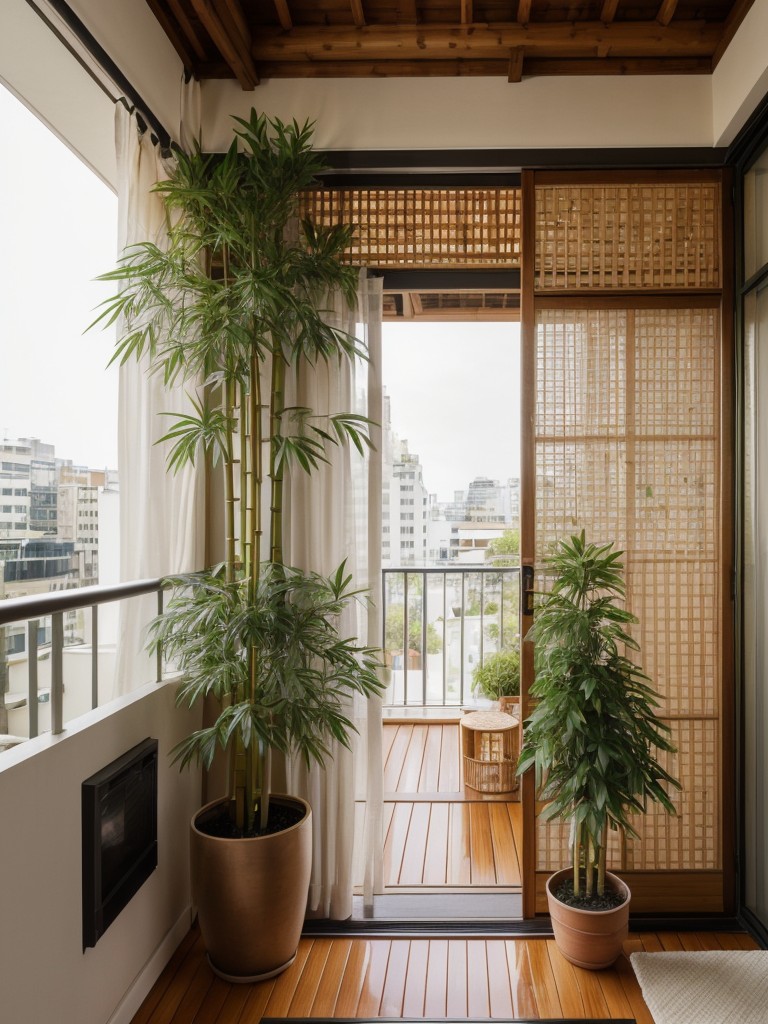 Enhance the privacy of your small apartment balcony with bamboo or lattice screens, tall potted plants, and light-filtering curtains.