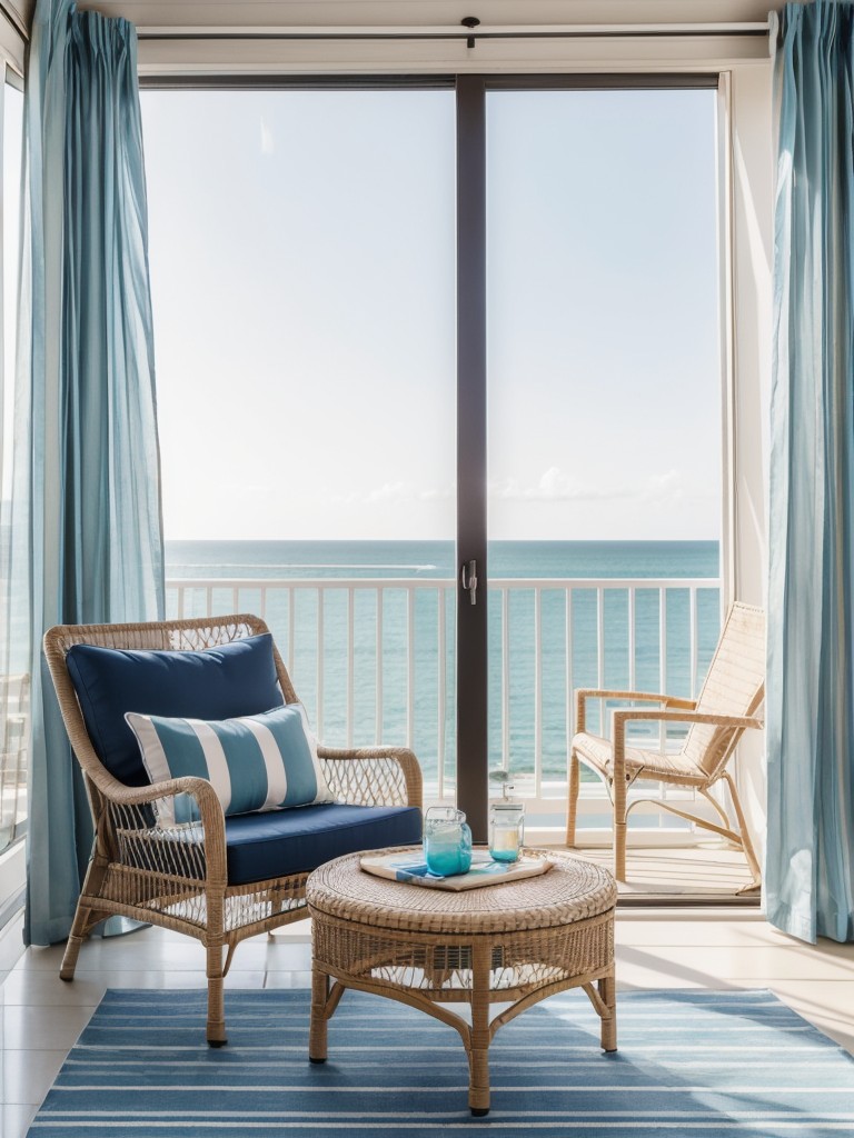 Give your apartment balcony a beachy vibe with nautical-themed decor, breezy curtains, and comfortable lounge chairs for ultimate relaxation.