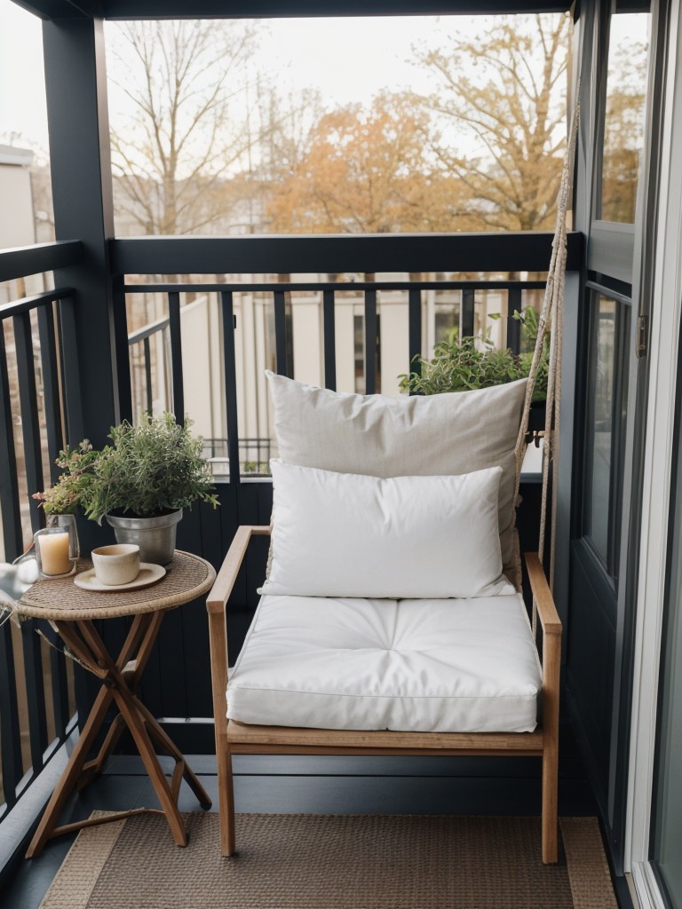 Incorporate a cozy nook on your apartment balcony with a hanging chair, small side table, and soft cushions for a tranquil reading or relaxation area.
