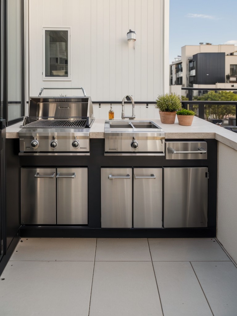 Incorporate a mini outdoor kitchen setup on your small apartment balcony, complete with a portable grill, a small fridge, and food prep surfaces.