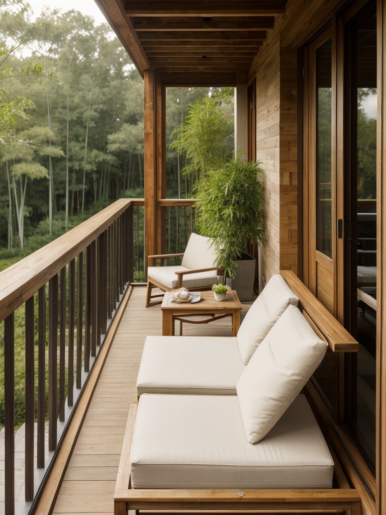 Incorporate natural elements, such as stone accents, wooden furniture, and bamboo screens, to create a calming and organic feel on your apartment balcony.