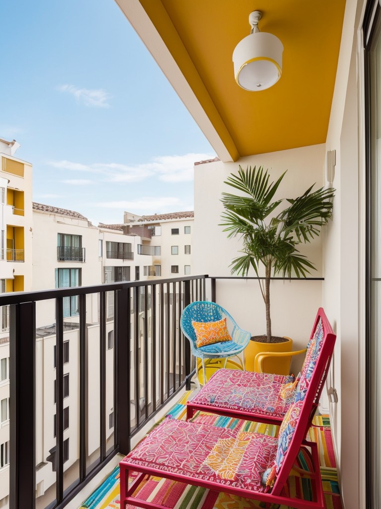 Make your apartment balcony a vibrant and energetic space with bold patterns, bright textiles, and eye-catching accessories.