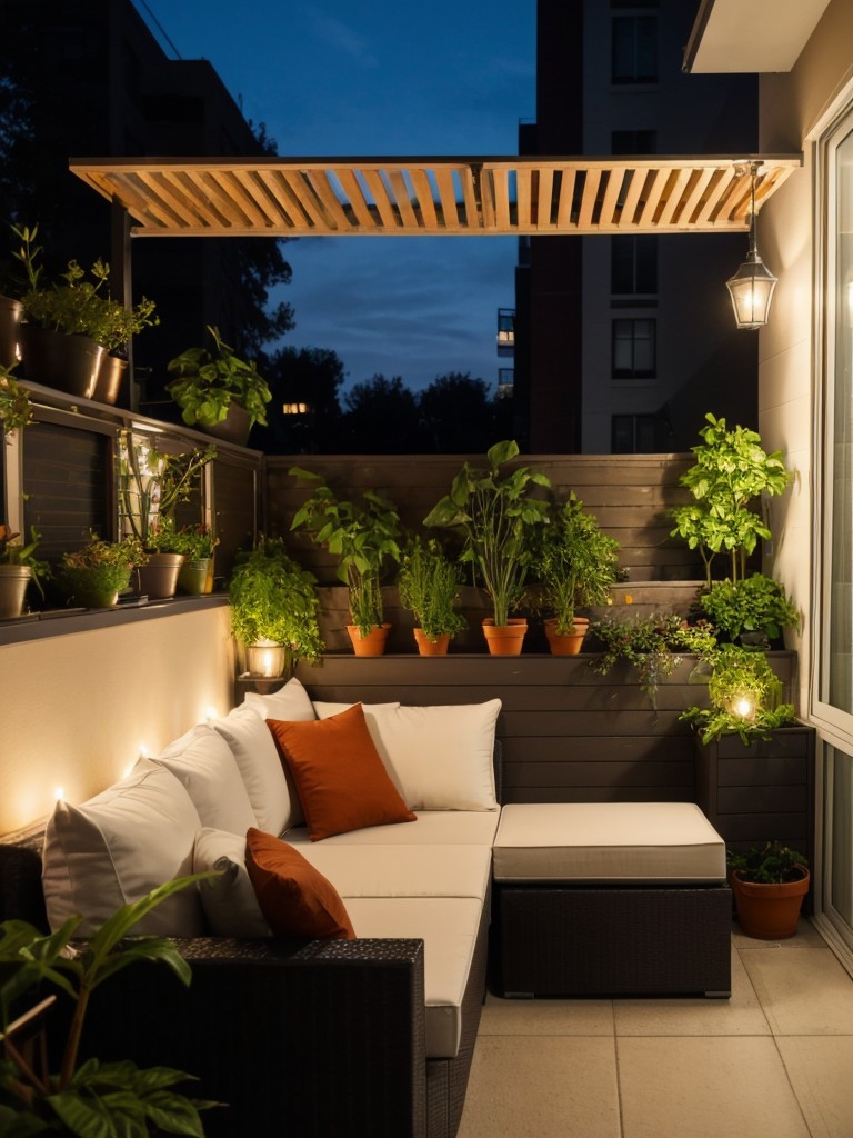 Transform your small apartment balcony into a cozy outdoor oasis with comfortable seating, vibrant plants, and decorative lighting.