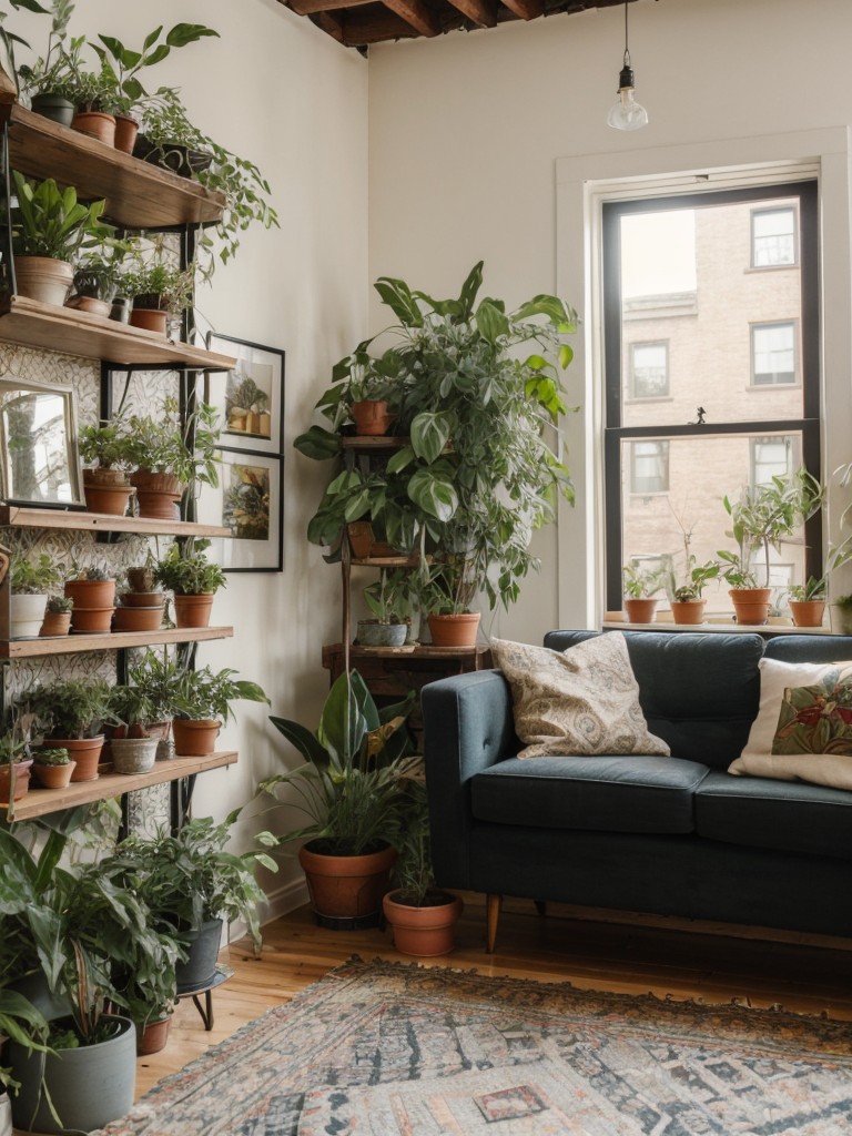 Bohemian-style studio apartment ideas, incorporating a variety of textures, plants, and vintage or handmade decor items.