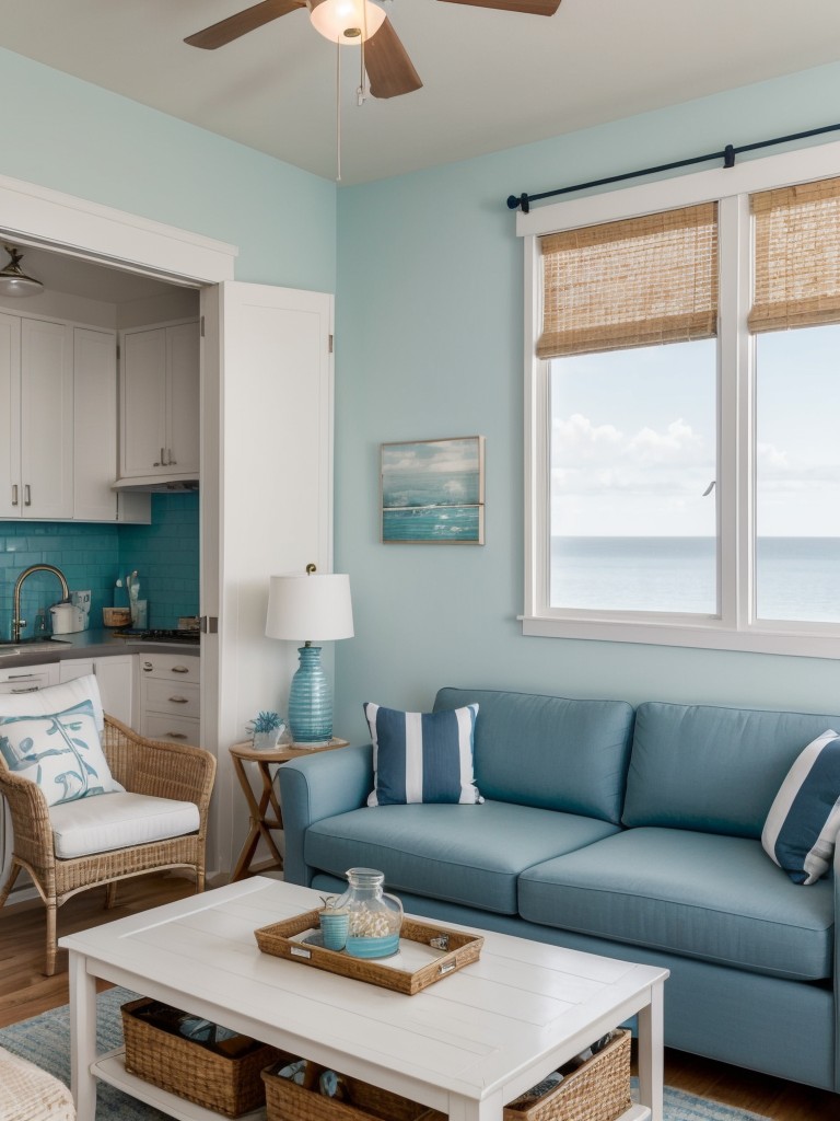 Coastal-themed studio apartment ideas, featuring nautical colors, beach-inspired decor, and light, airy furniture.