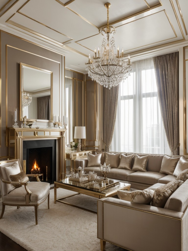 Glamorous studio apartment ideas, adding luxury and elegance with metallic accents, plush fabrics, and crystal chandeliers.