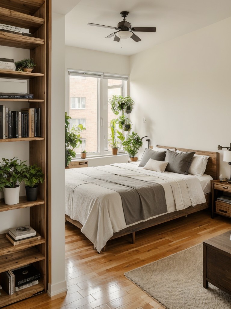 High-ceiling studio apartment ideas, making the most of vertical space with tall bookshelves, hanging plants, and lofted beds.
