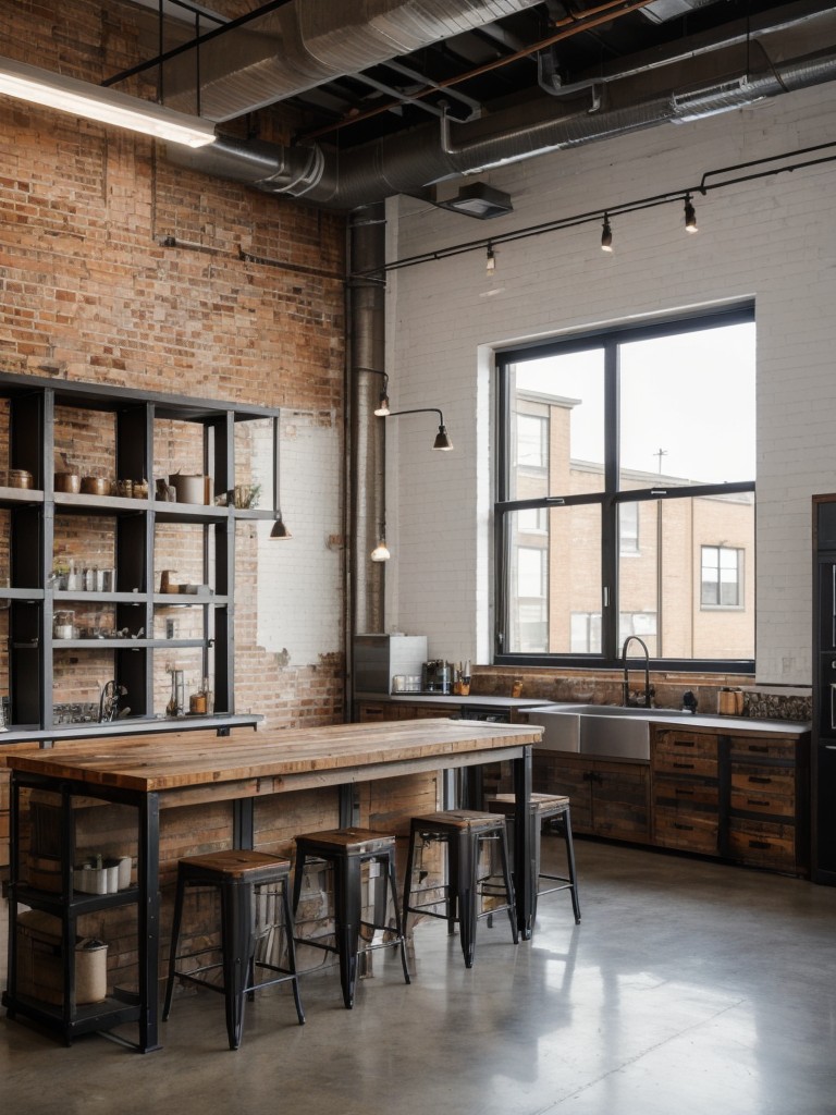 Industrial loft studio apartment ideas, showcasing exposed brick walls, metal accents, and reclaimed wood furniture.