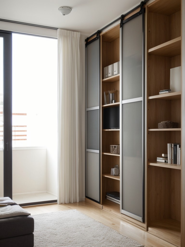 Innovative room dividers for studio apartments, like sliding doors, bookshelves, or hanging curtains.