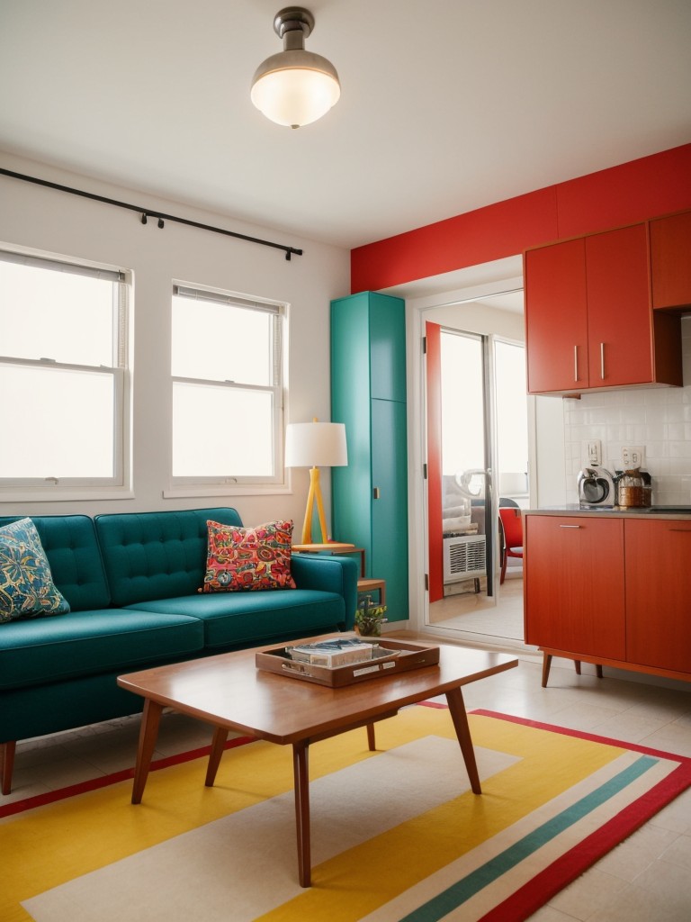 Retro-inspired studio apartment ideas, incorporating vibrant colors, bold patterns, and mid-century modern furniture.