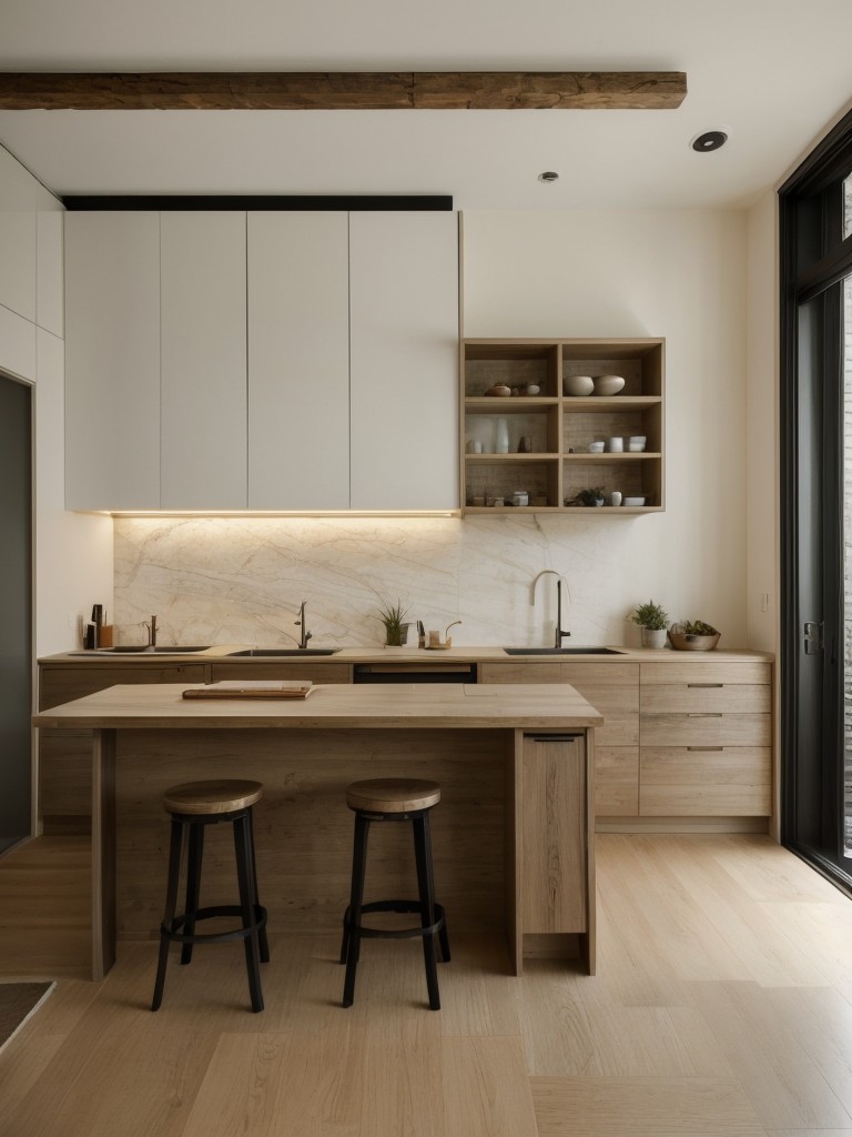 Zen-inspired studio apartment ideas, creating a calm and serene space with natural materials, earthy tones, and minimal clutter.