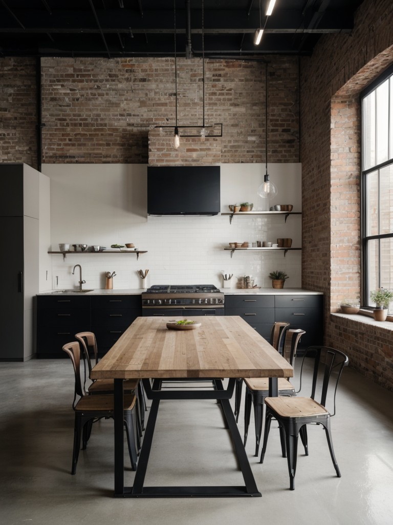 A minimalist approach with sleek furniture, neutral color scheme, and industrial accents like exposed brick or metal finishes.