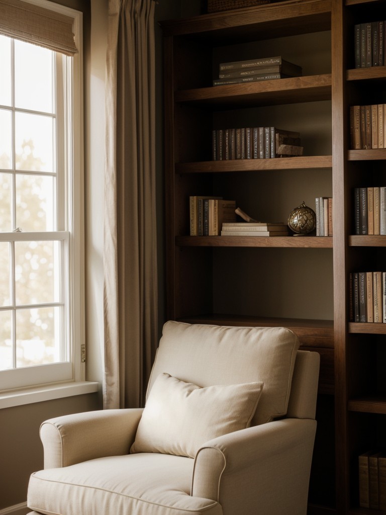 Creating a cozy reading nook with a comfortable armchair, a bookshelf filled with favorite novels, and soft lighting.