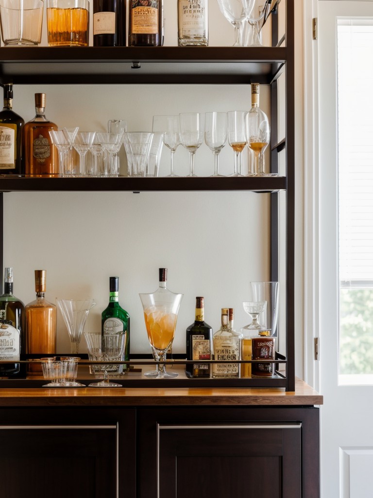 Incorporating a mini bar area with a stylish bar cart, glassware, and a collection of favorite spirits or mixology books.