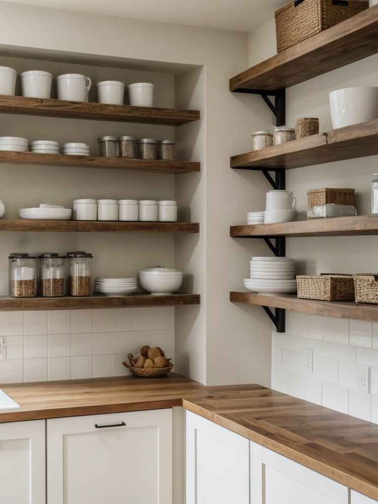 Add floating shelves for extra storage and to showcase your favorite decor items.
