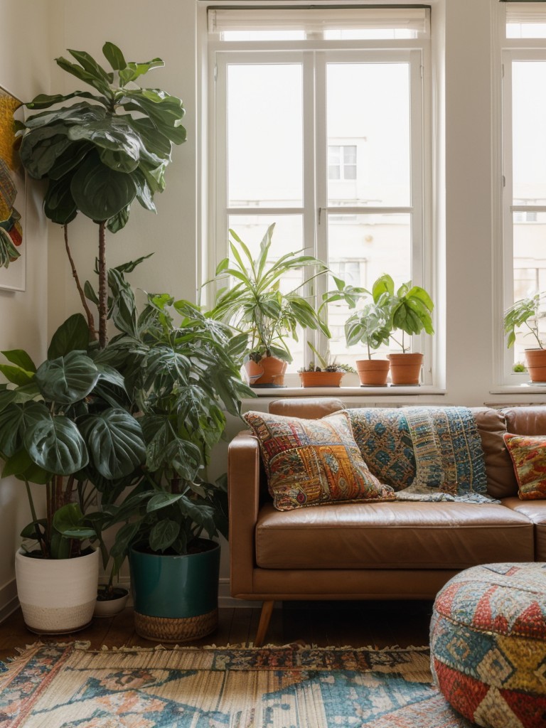 Bohemian-inspired apartment decor, incorporating colorful textiles, plants, and eclectic furniture finds for a relaxed and cozy atmosphere.