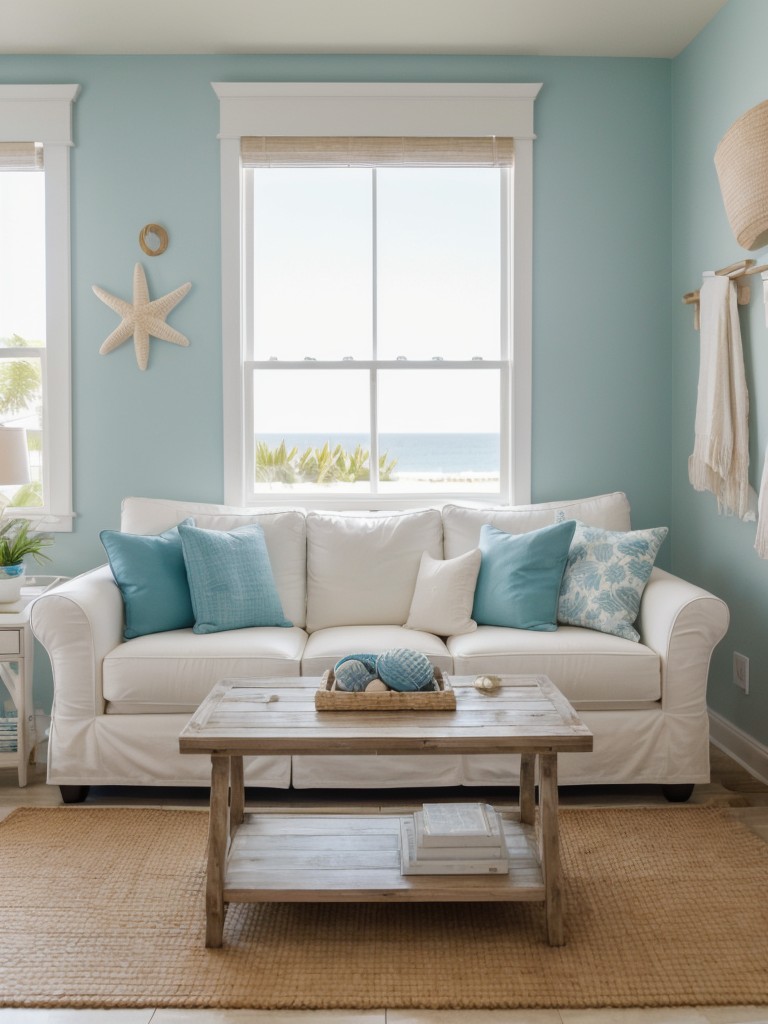 Coastal-inspired apartment decor with light and airy colors, nautical accents, and seashell decorations for a relaxed beachy vibe.