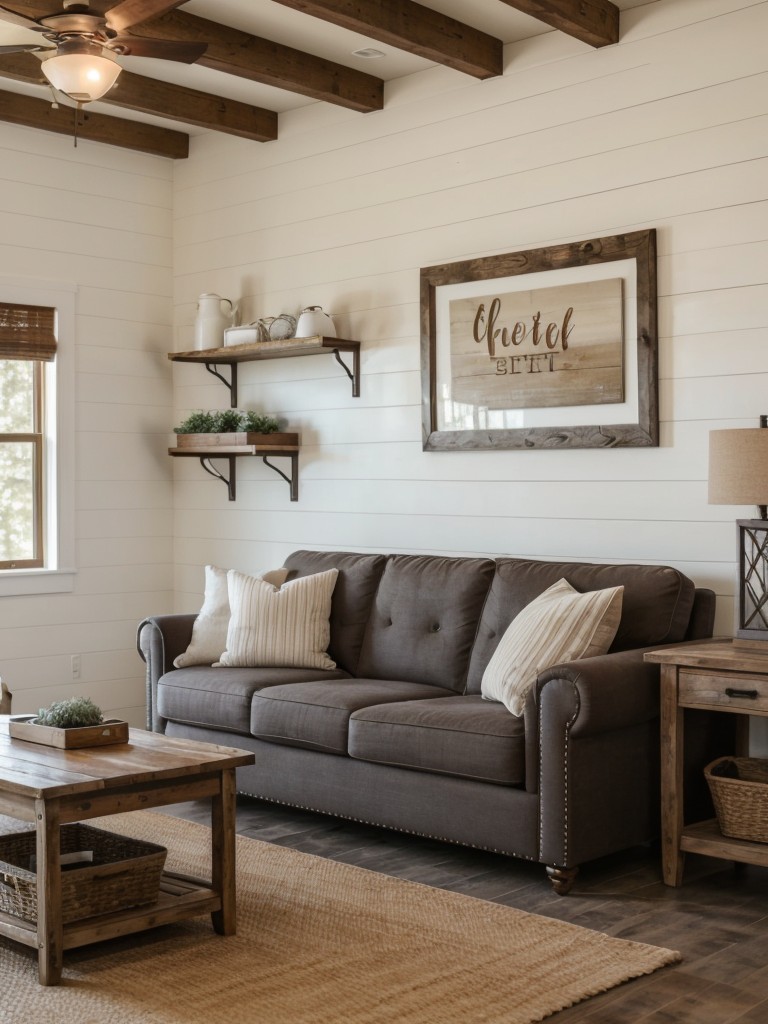 Farmhouse-style apartment decor with rustic furniture, shiplap walls, and cozy textiles to create a warm and inviting atmosphere.