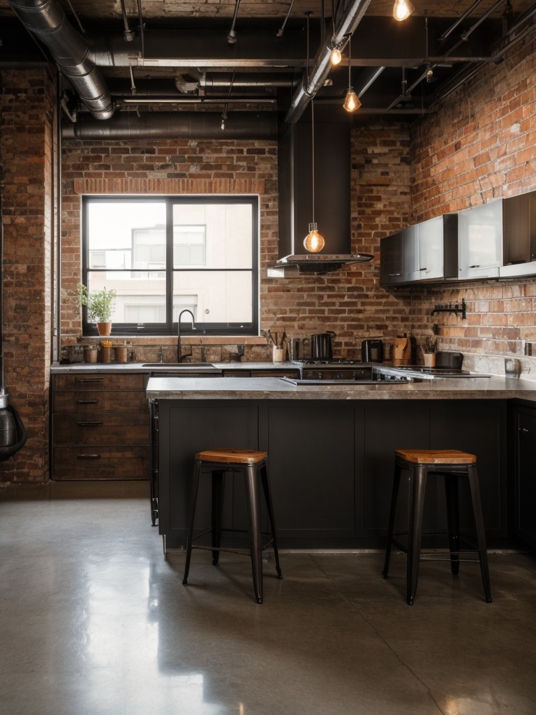 Industrial-style apartment decor, combining raw materials such as exposed brick, metal accents, and vintage lighting for a trendy and edgy look.