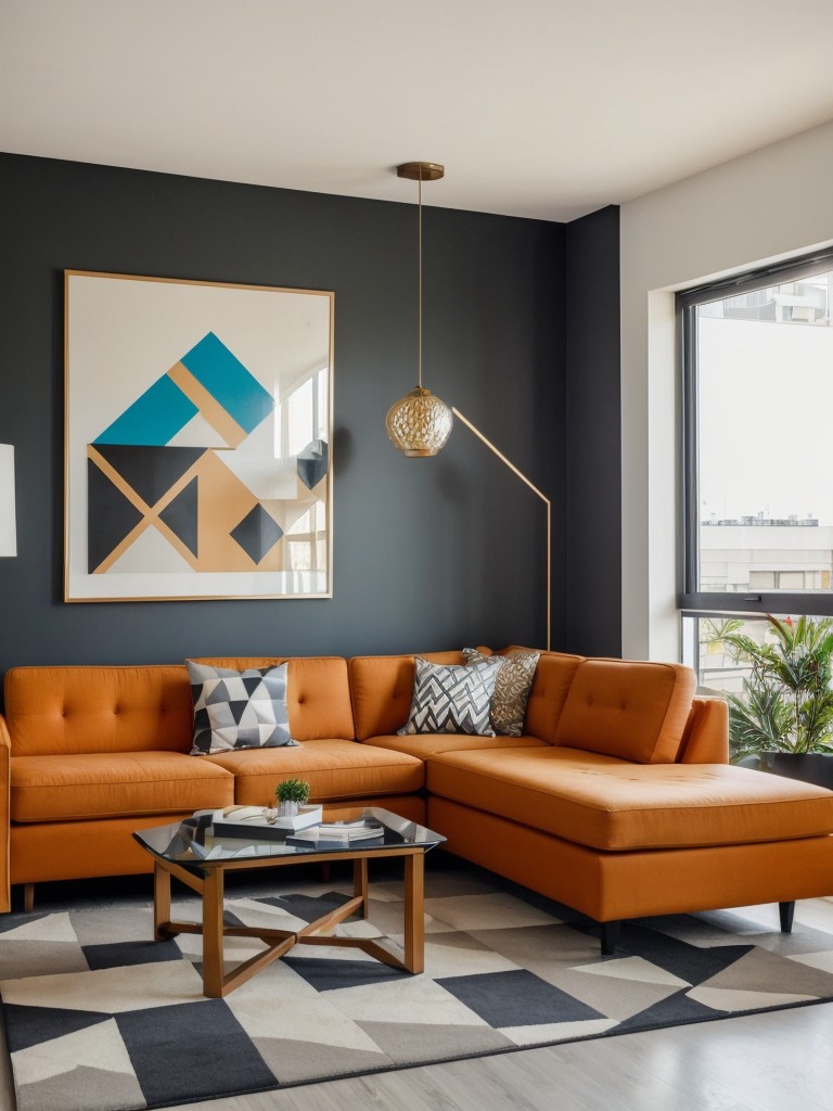 Modern apartment decor ideas with bold patterns, geometric shapes, and statement artwork to add visual interest and contemporary flair.