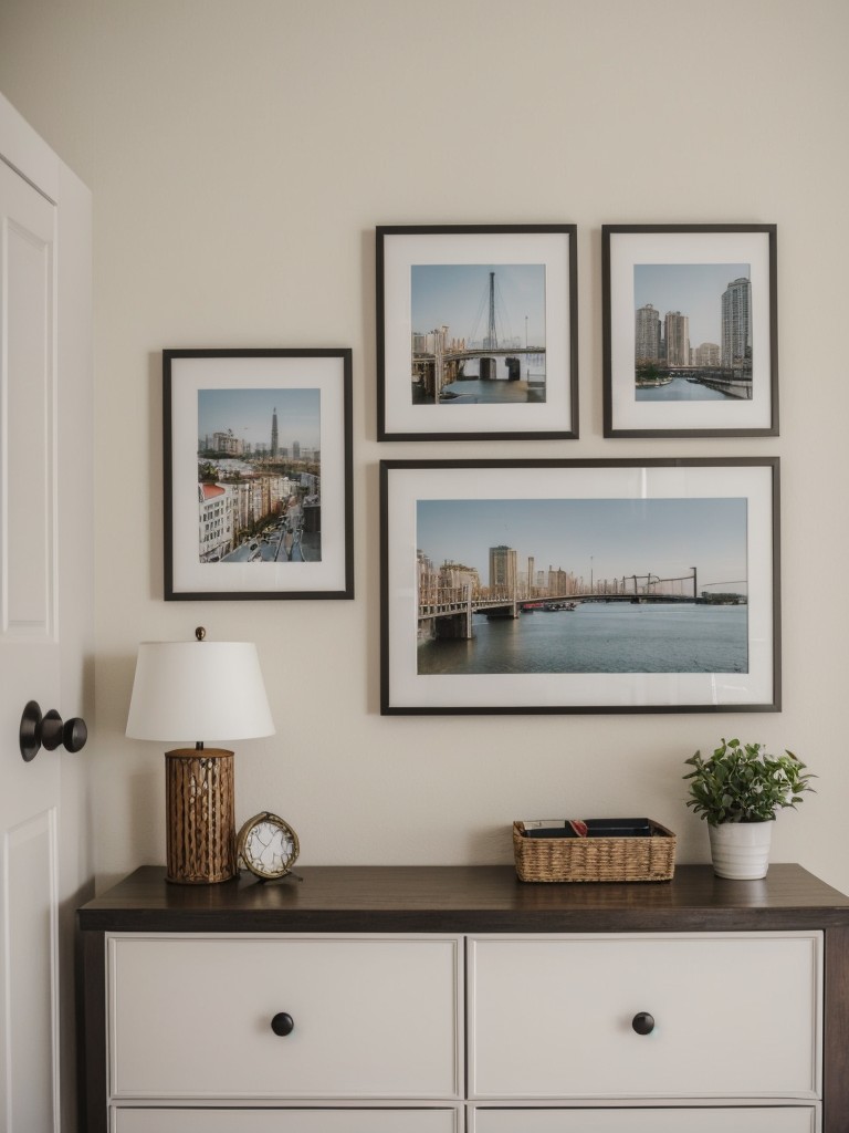 Personalized apartment decor with homemade artwork, photo collages, and DIY picture frames to create a unique and meaningful space.