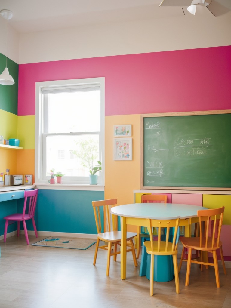 Playful kids' apartment decor using vibrant colors, chalkboard walls, and interactive furniture to stimulate imagination and creativity.