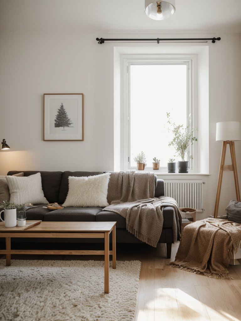 Scandinavian hygge-inspired apartment decor, incorporating cozy blankets, soft lighting, and natural elements for a cozy and intimate setting.