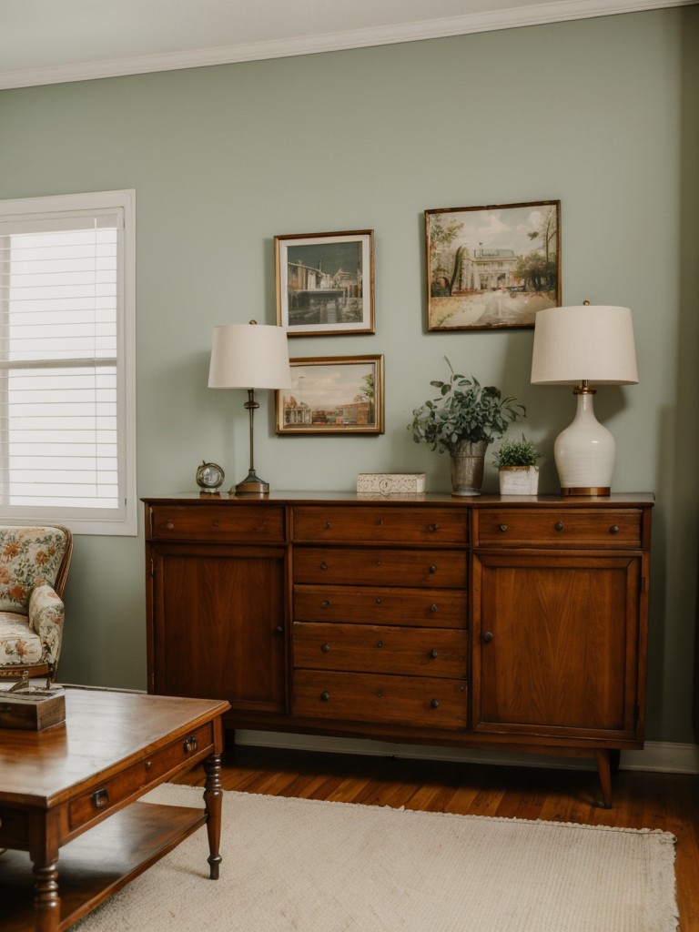 Vintage apartment decor ideas using thrifted and antique furniture, retro artwork, and classic decor accents to add character and charm.