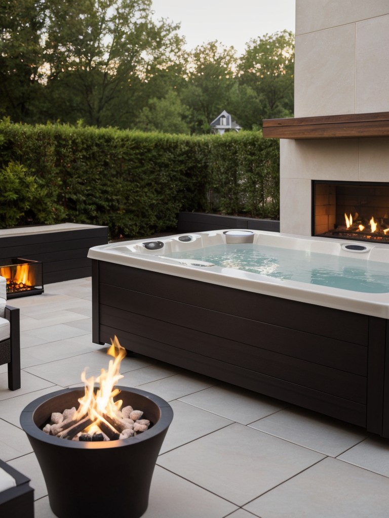 Add a touch of luxury to your small apartment patio by incorporating features such as a stylish outdoor fireplace or a bubbling hot tub.