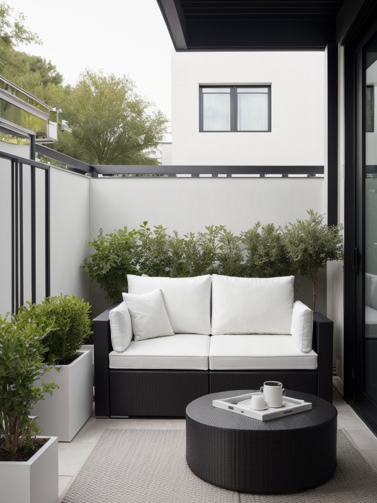 Create a chic and modern small apartment patio by choosing sleek outdoor furniture, minimalistic decor, and a monochromatic color scheme.