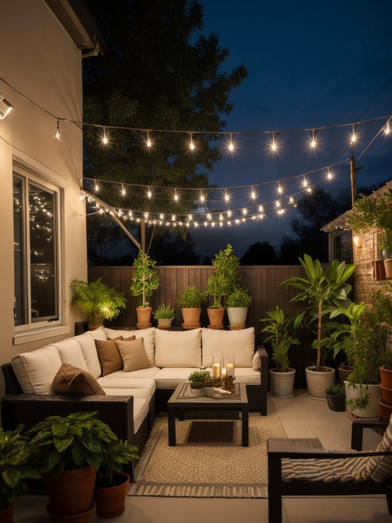 Create a cozy oasis on your small apartment patio with comfortable seating, string lights, and potted plants.