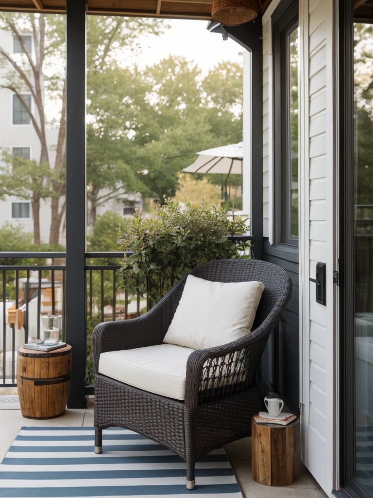 Create a cozy reading nook on your small apartment patio by adding a comfortable chair, a side table for your books and beverages, and a canopy for shade and privacy.